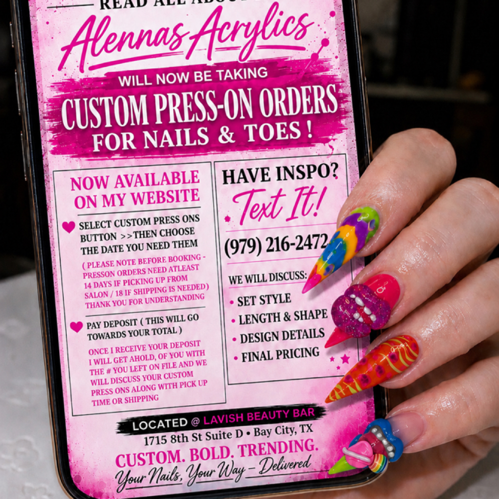 🩷 CUSTOM PRESS ON NAILS/TOES 🩷 at Alenna’s Acrylics in Bay City, TX