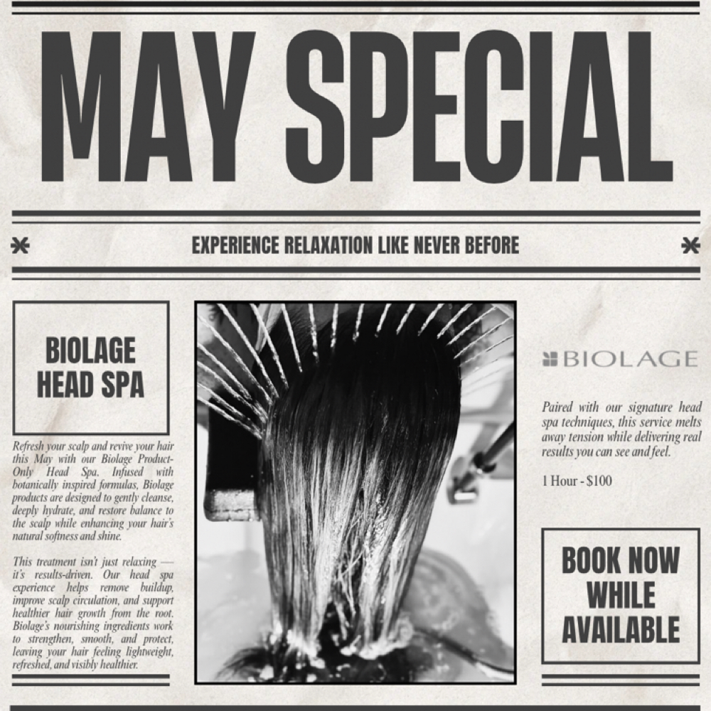 May Biolage Head Spa at 121 Studio in Marshall, IL