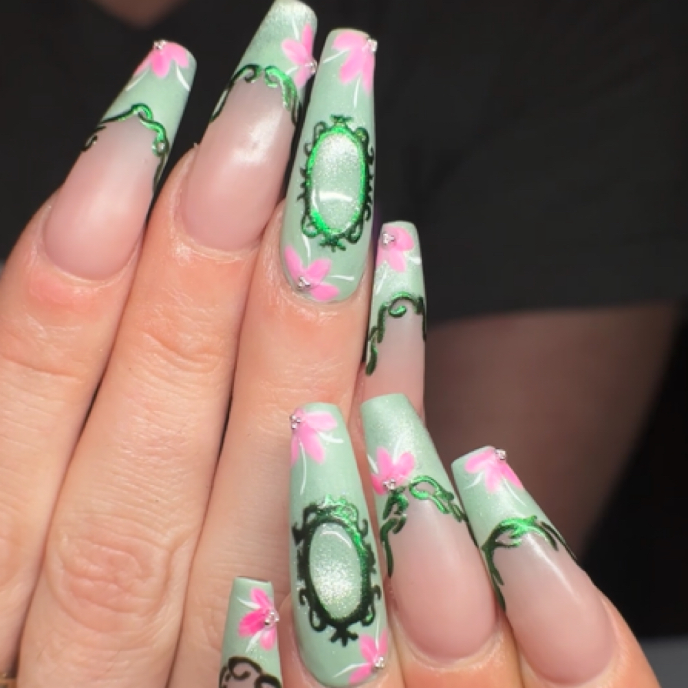 Acrylic full set with forms at Wonderland Nail Studio in Rockwell, NC