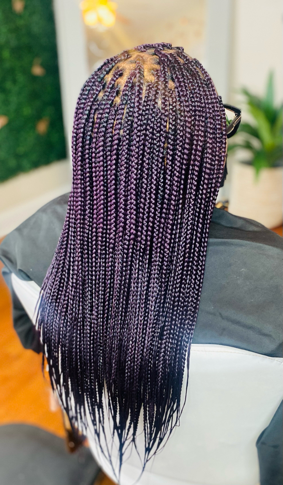 Mid Back: Medium Size Box Braids at K.M.H.&S. Braiding in Chicago, IL