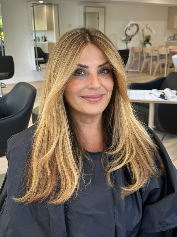 Highlights + Balayage/Ombre + Bond Builder/ Deep Conditioning Treatment + Cut & Style Package