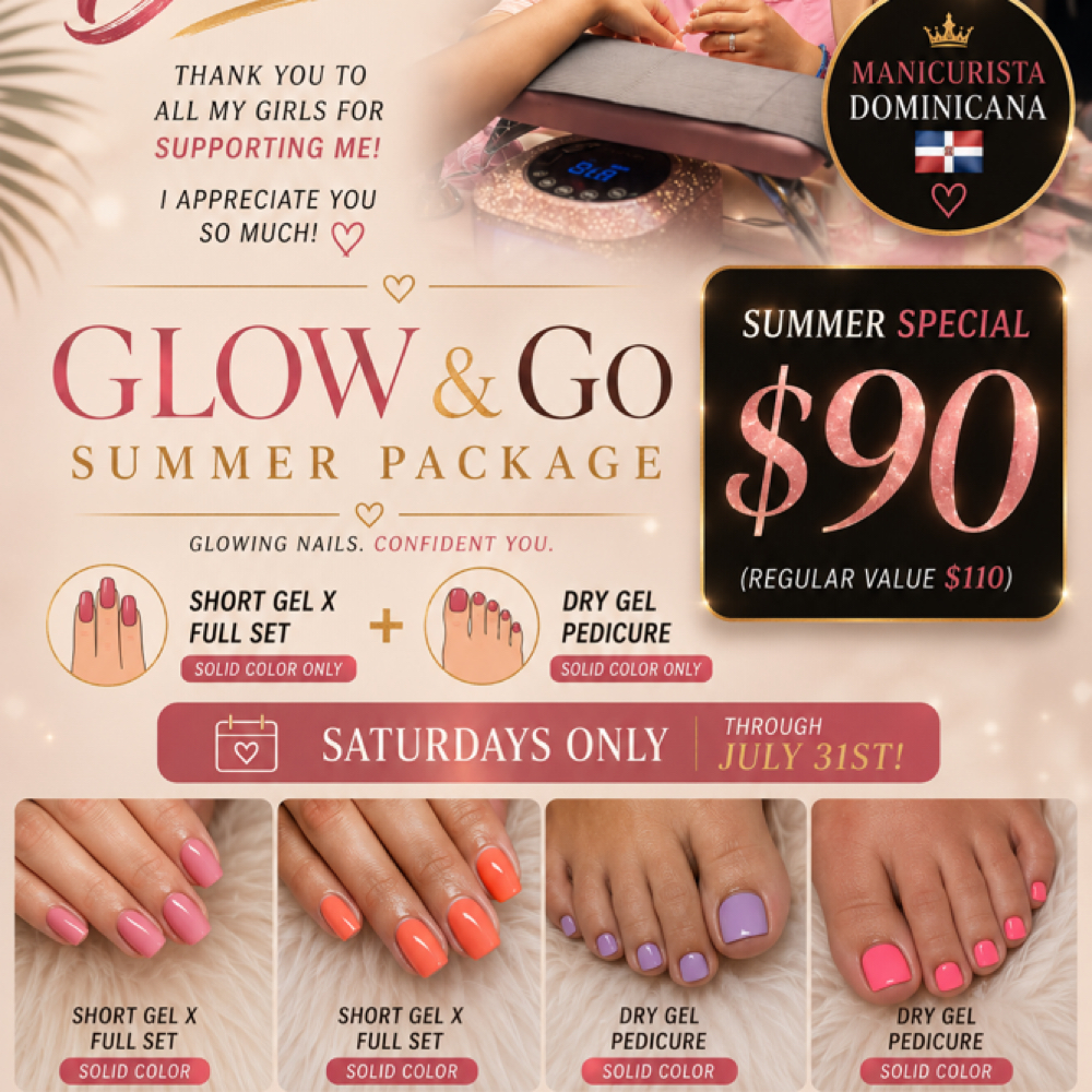 ☀️Glow & Go Summer Package ✨$90 at JCC Beauty Studio- Nails by Joselyn in Gaithersburg, MD