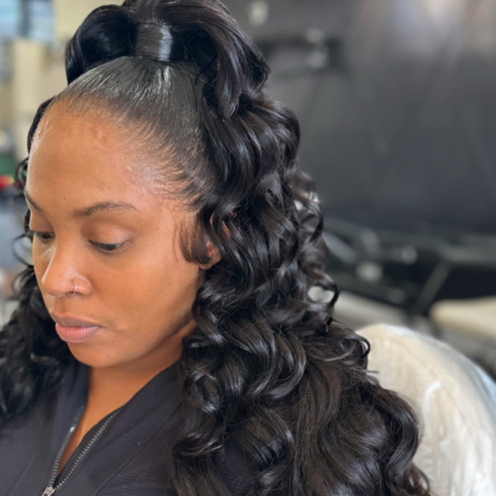 Frontal Quick Weave Half Up Half Down at Sinise Caprice Studio in New Castle, DE