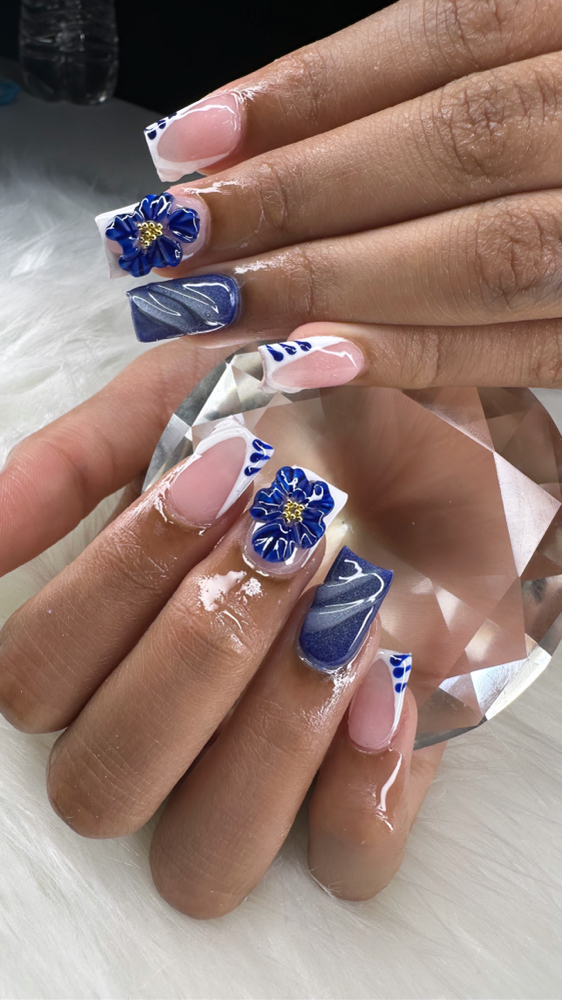 Short french 3-D Fowers + Airbrush & Designs $100