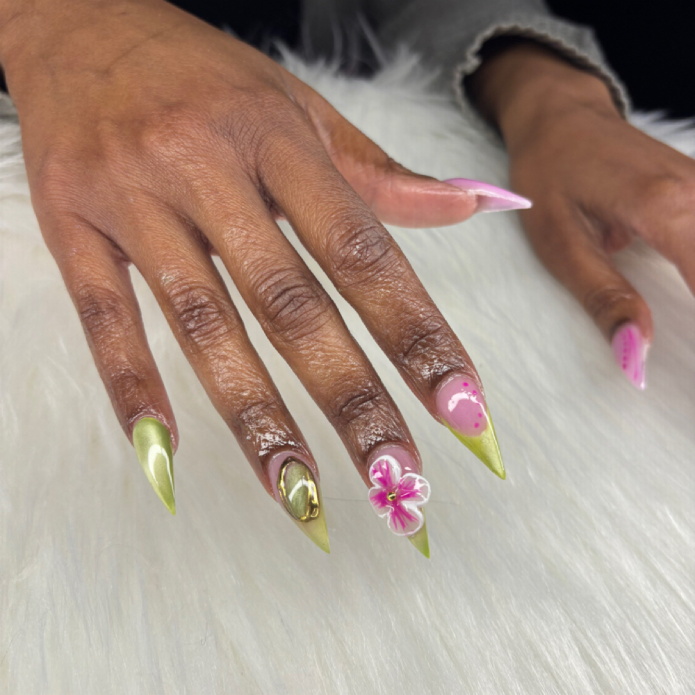 3d nail art/Chrome/Hand drawn Art at Klawed By Ariana in Oak Park, IL