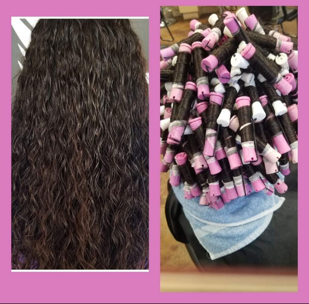 Spiral Perm long hair at Delilah Fades in langely, OK