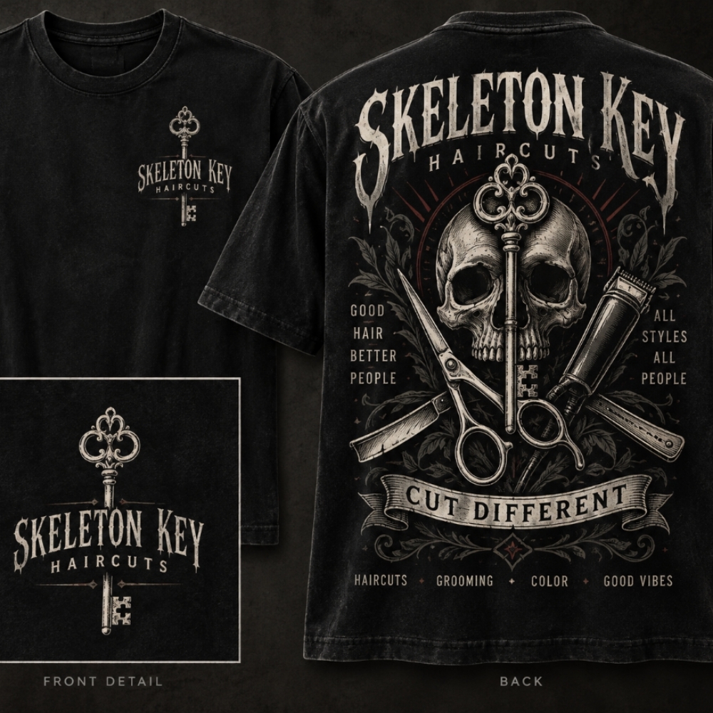 Acid Wash Black MERCH TEE PRESALE at Skeleton Key Haircuts in Simpsonville, SC