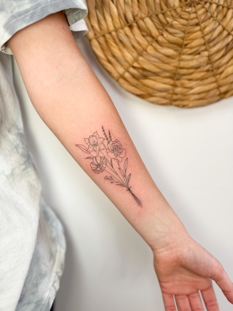 Floral Boquet Fine Line Tattoo