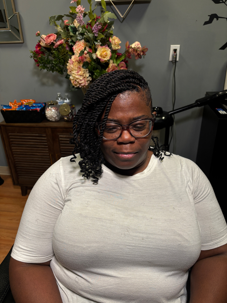 Mini Twists( Shaved sides and back) at JCTouch Salon in Parkville, MD