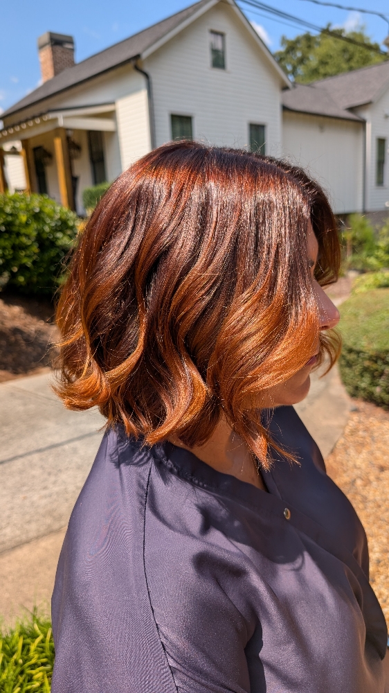 Root touch up, gloss, & blow dry