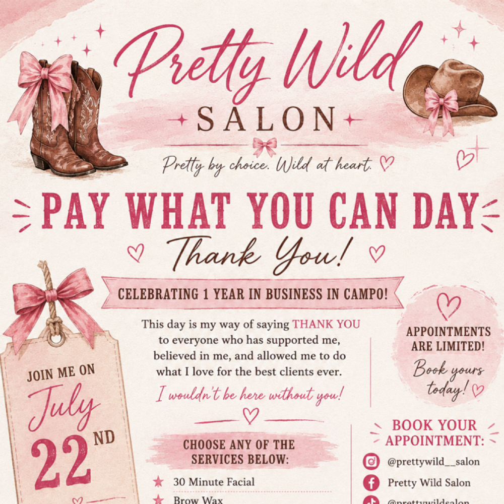 Pay What You Can Day July 22nd at Pretty Wild Salon in Campo, CA