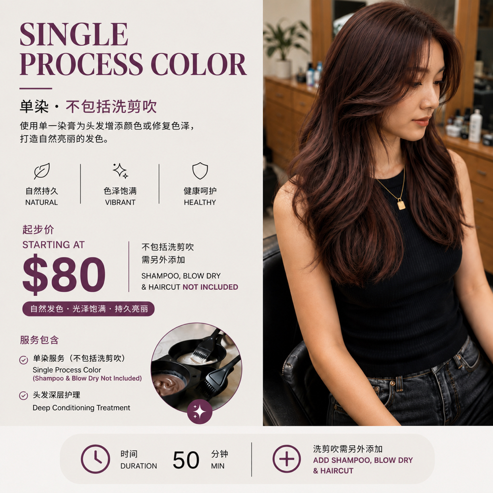 SINGLE PROCESS COLOR 单染•洗剪吹需添加 at Zhen Hair & Beauty in Boston, MA