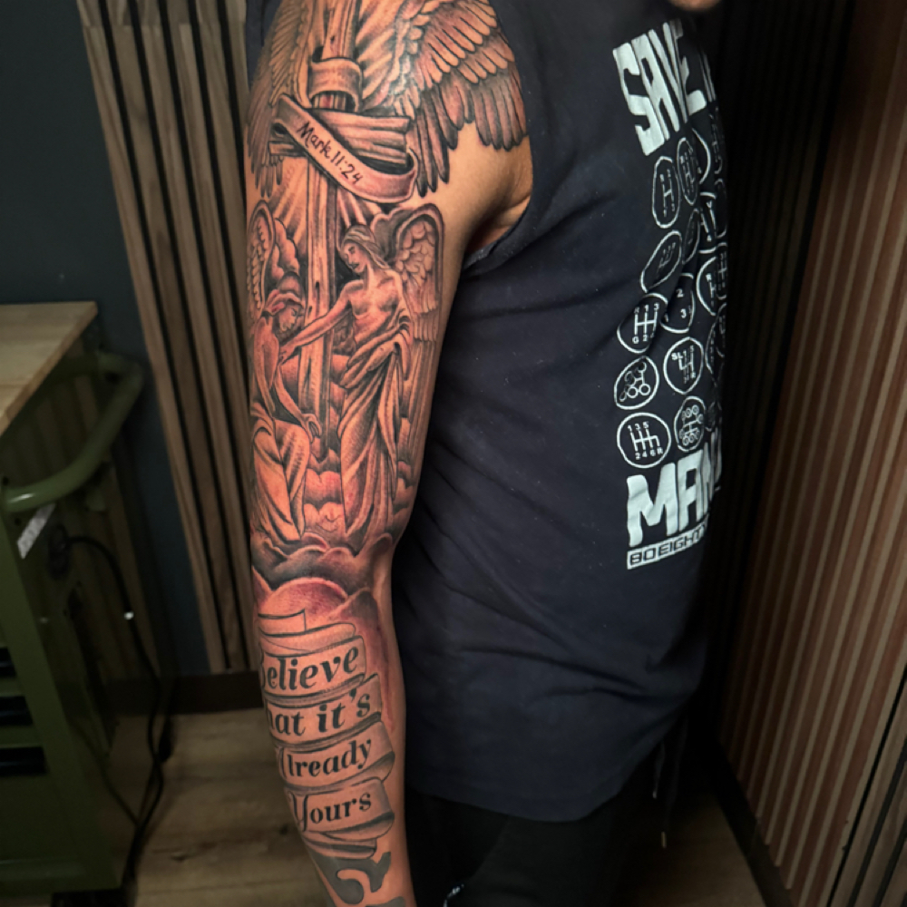 CUSTOM HALF SLEEVE TOP TO BOTTOM at Tattoo Whitney Houston in Houston, TX