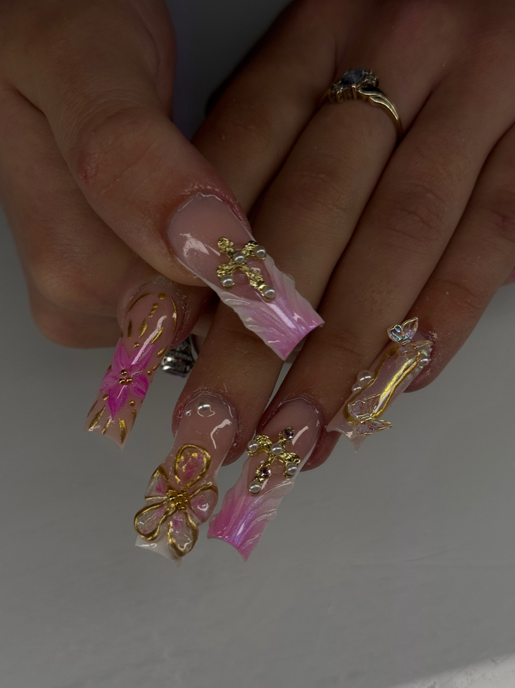 Custom Full Set 3D Flowers & Gem at Kat Klawzz in Little River, SC