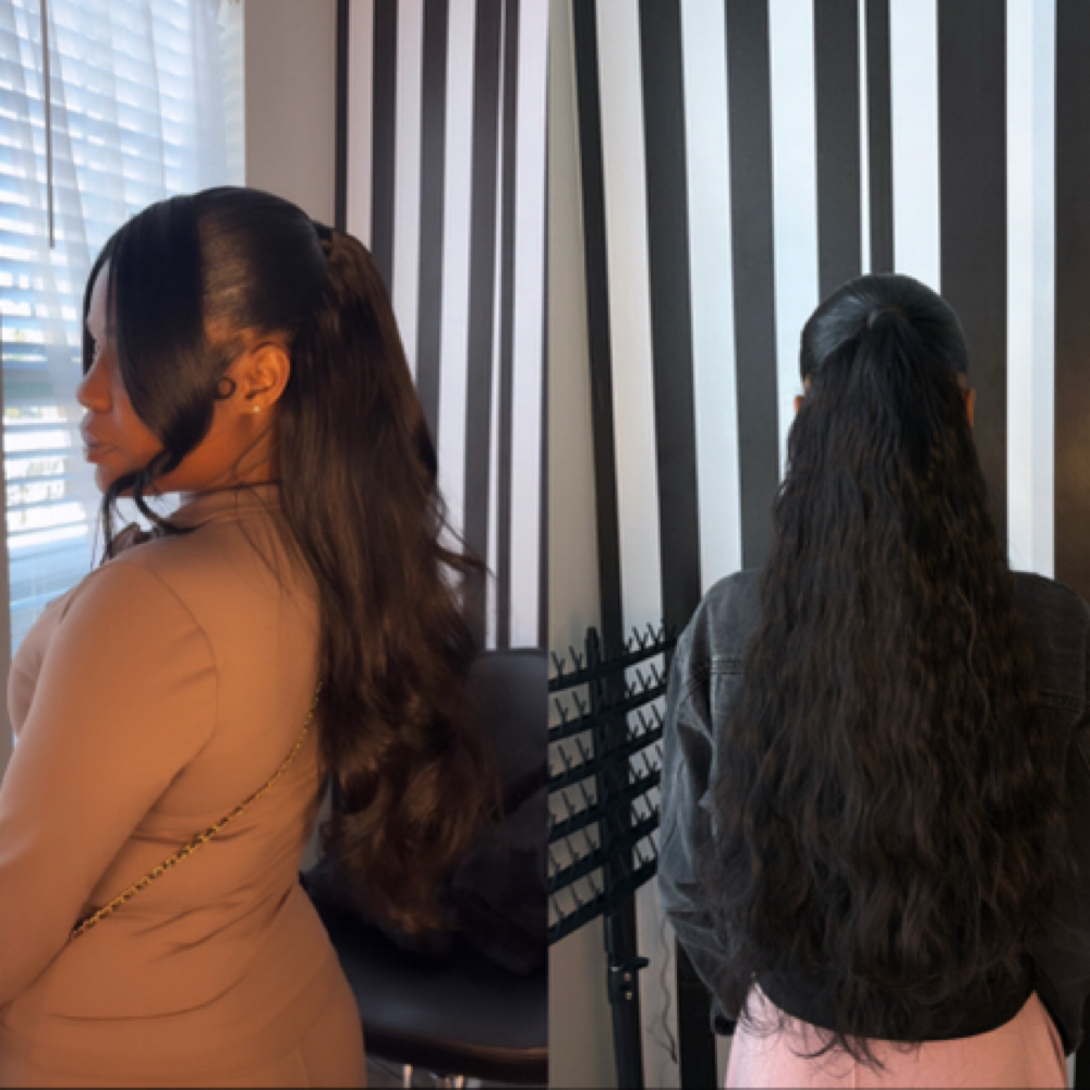 Low Half Up Half Down X 2 Bangs at Braidsbyniyy in Towson, MD