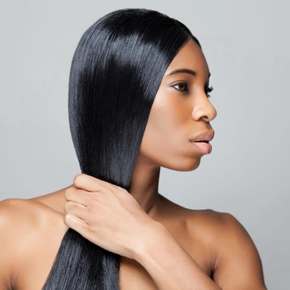 Relaxer + silk press styling & Trim