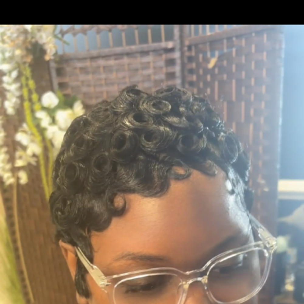 Pin Curl Betty Boop Full Bixie Cut at H.E.R. Divine Passion Salon in Emporia, VA