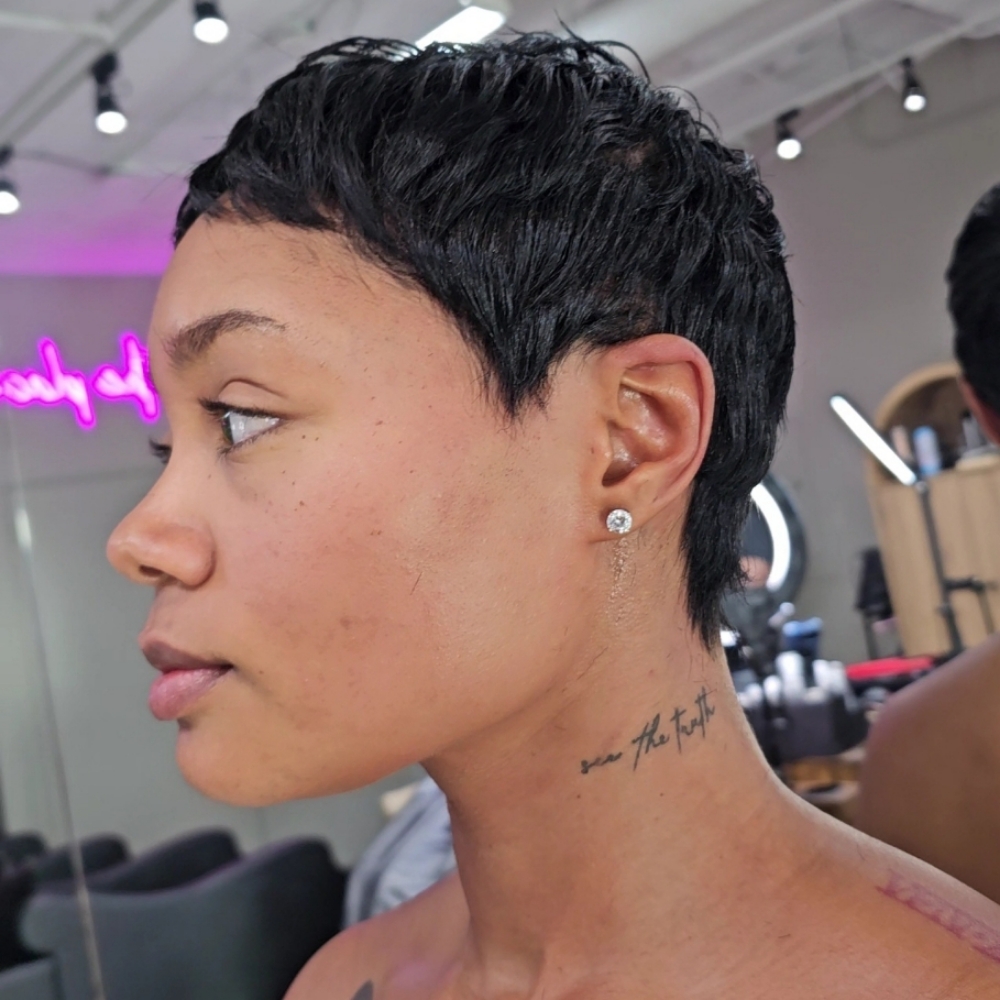 Virgin Relaxer Pixie Cut at Melanie Charlton Hair in Los Angeles, CA