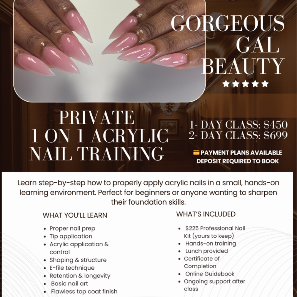 1 DAY NAIL CLASS at Gorgeous Gal Beauty in Indianapolis, IN
