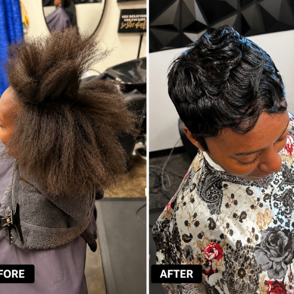 Virgin Relaxer + Luxury Pixie Cut at Rhonda's Diamond Dust Beauty Lounge in Temecula, CA