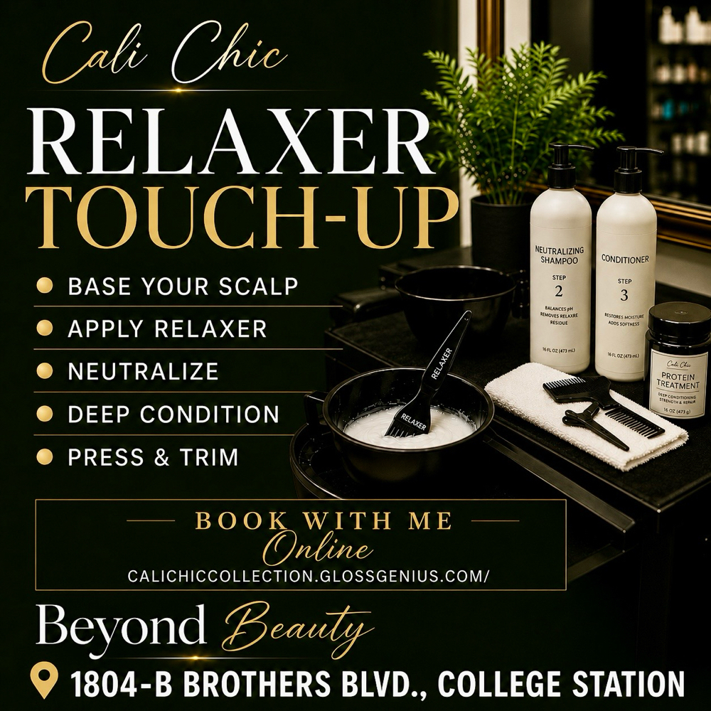 Relaxer Touch Up + Press  + Trim/Ha at Cali Chic Collection in College Station, TX