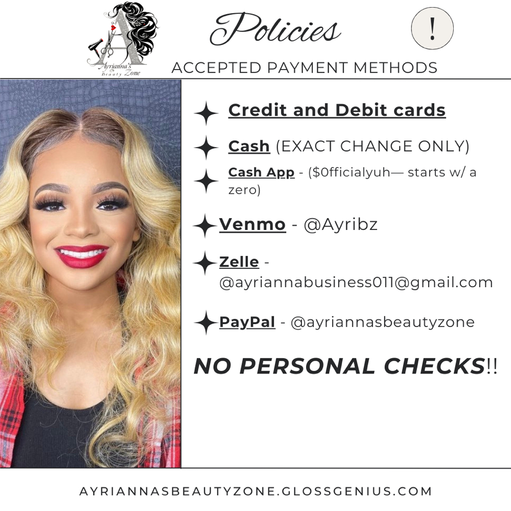 💲PAYMENT METHODS💲 at Ayrianna’s Beauty Zone in Dayton, OH