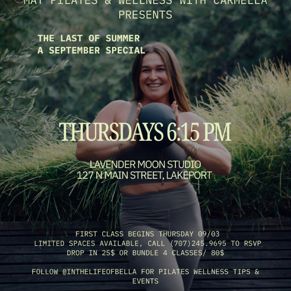 Mat Pilates Thursdays 6:30pm at Lavender Moon Holistic Spa in Lakeport, CA