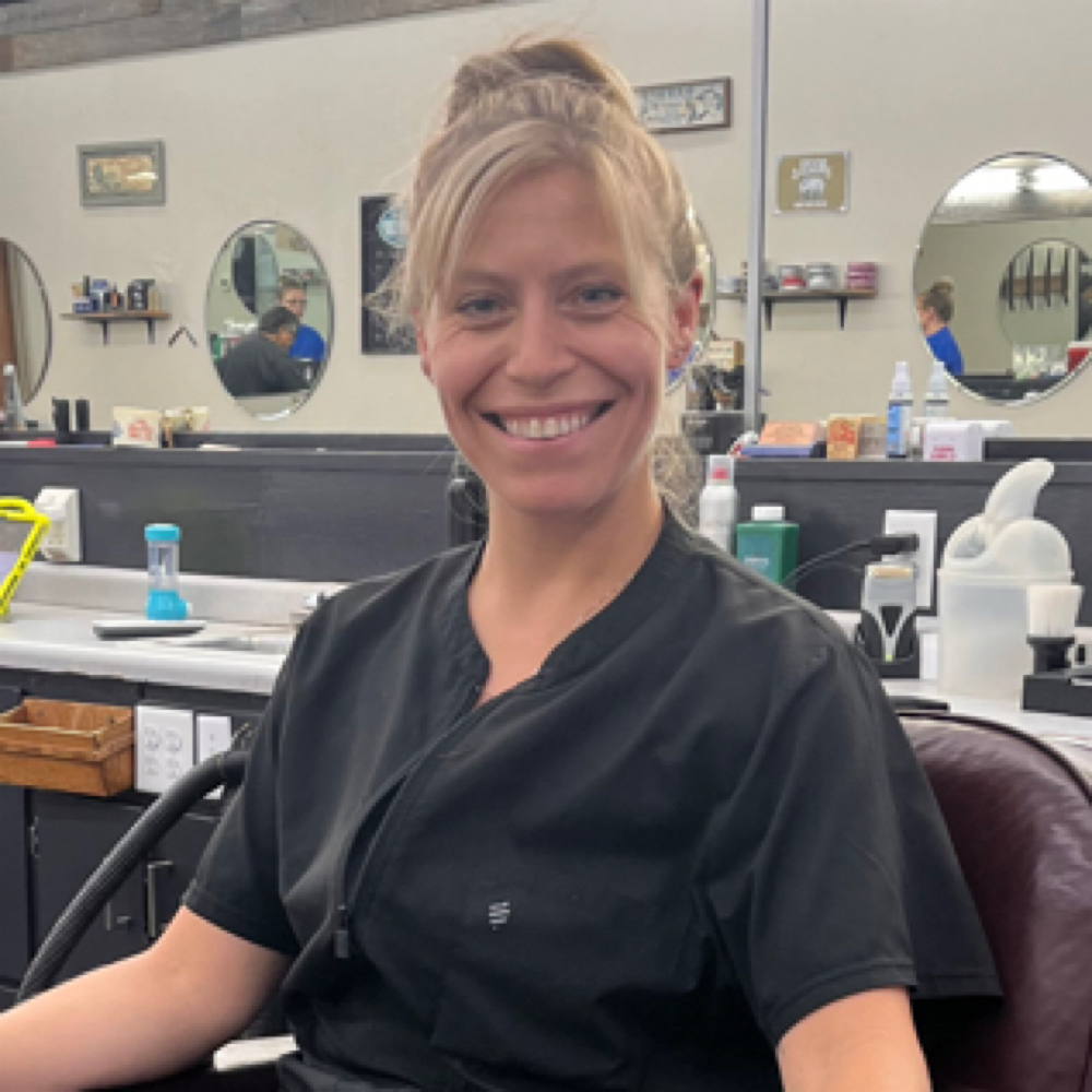 Holly Robison at Santa Clara barbershop in Eugene, OR